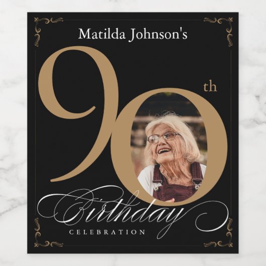 Zwart Gold 90th Birthday Elegant Script Custom Wijn Etiket (Enkel label)