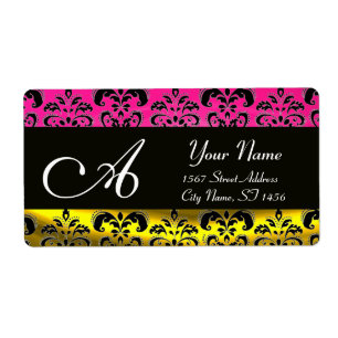 ZWART GOLD DAMASK, PINK FUCHSIA AMETHYST MONOGRAM ETIKET