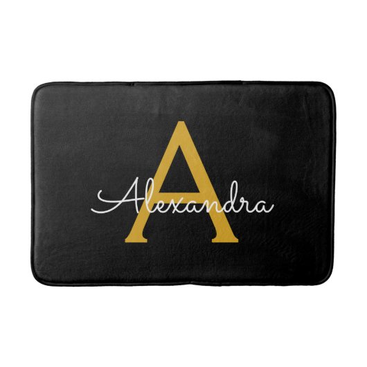 Zwart Gold Modern Script Girly Monogram Naam Badmat (Voorkant)