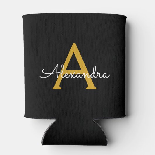 Zwart Gold Modern Script Girly Monogram Naam Blikjeskoeler (Achterkant)