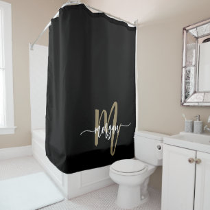 Zwart Gold Modern Script Girly Monogram Naam Douchegordijn