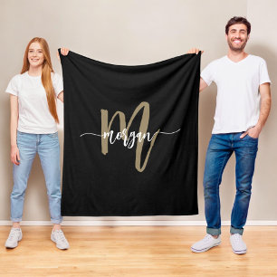 Zwart Gold Modern Script Girly Monogram Naam Fleece Deken