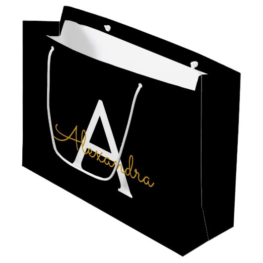 Zwart Gold Modern Script Girly Monogram Naam Groot Cadeauzakje (Voorkant Gekanteld)
