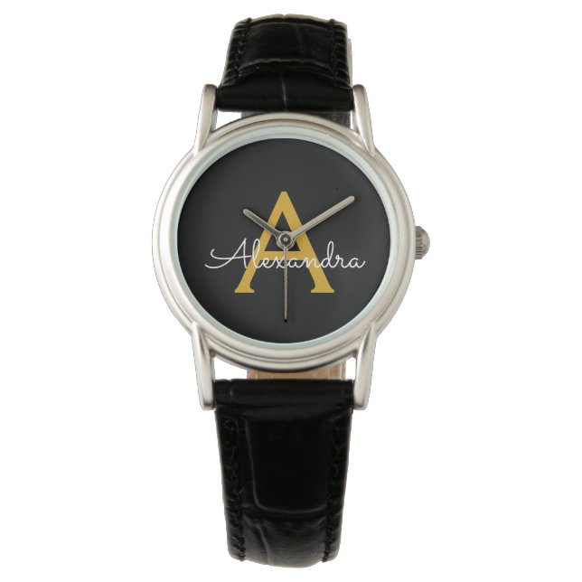 Zwart Gold Modern Script Girly Monogram Naam Horloge (Voorkant)