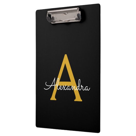 Zwart Gold Modern Script Girly Monogram Naam Klembord (Links)