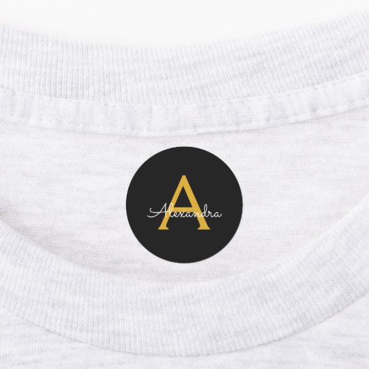 Zwart Gold Modern Script Girly Monogram Naam Labels (Aangebracht)
