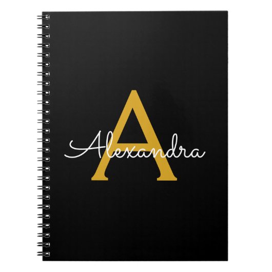 Zwart Gold Modern Script Girly Monogram Naam Notitieboek (Voorkant)