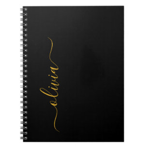 Zwart Gold Modern Script Girly Monogram Naam Notitieboek