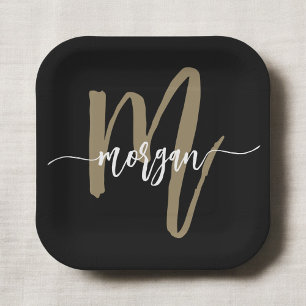 Zwart Gold Modern Script Girly Monogram Naam Papieren Bordje