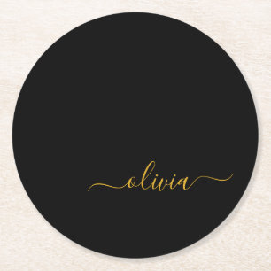 Zwart Gold Modern Script Girly Monogram Naam Ronde Kartonnen Onderzetter