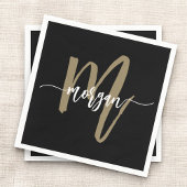 Zwart Gold Modern Script Girly Monogram Naam Servet