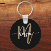 Zwart Gold Modern Script Girly Monogram Naam Sleutelhanger (Voorkant)