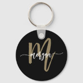 Zwart Gold Modern Script Girly Monogram Naam Sleutelhanger (Achterkant)