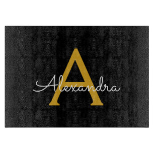 Zwart Gold Modern Script Girly Monogram Naam Snijplank