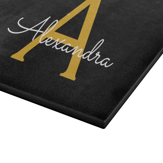 Zwart Gold Modern Script Girly Monogram Naam Snijplank (Hoek)