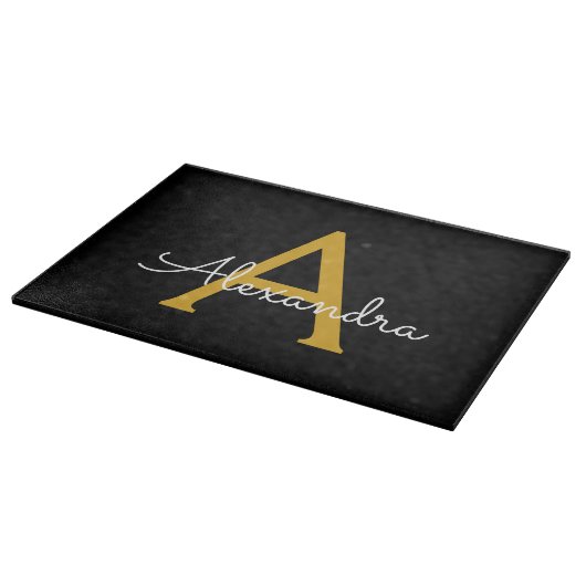 Zwart Gold Modern Script Girly Monogram Naam Snijplank (Hoek)
