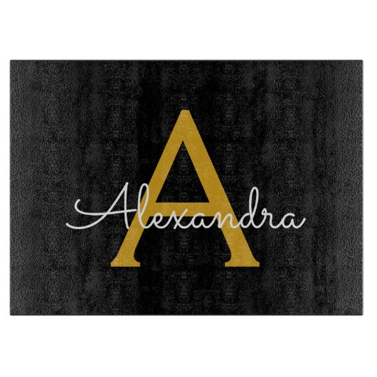 Zwart Gold Modern Script Girly Monogram Naam Snijplank (Voorkant)