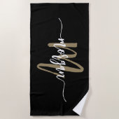 Zwart Gold Modern Script Girly Monogram Naam Strandlaken (Voorkant)