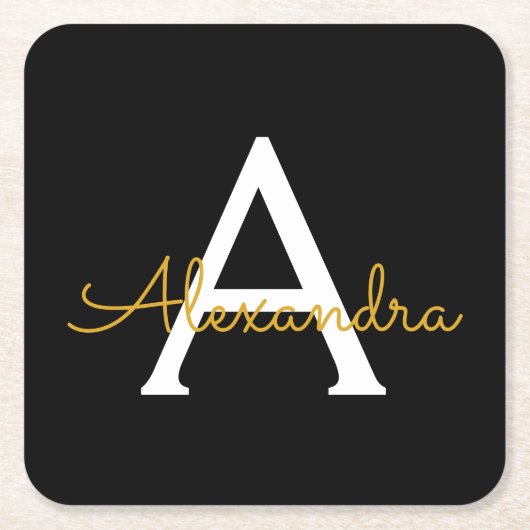 Zwart Gold Modern Script Girly Monogram Naam Vierkante Kartonnen Onderzetter (Voorkant)