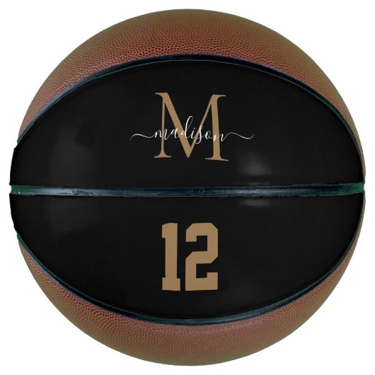 Zwart Gold Monogram Player Number Girly Script Basketbal (Voorkant)