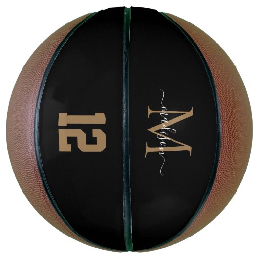 Zwart Gold Monogram Player Number Girly Script Basketbal (Verticaal)
