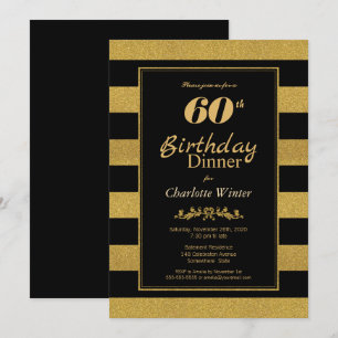 Zwart Gold Striped 60th Birthday Dinner Kaart