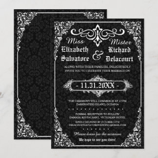 Zwart Gothic Victoriaans Damask Bruiloft uitnodigt Kaart