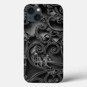 Zwart gotisch patroon gepersonaliseerd monogram iPhone 13 hoesje
