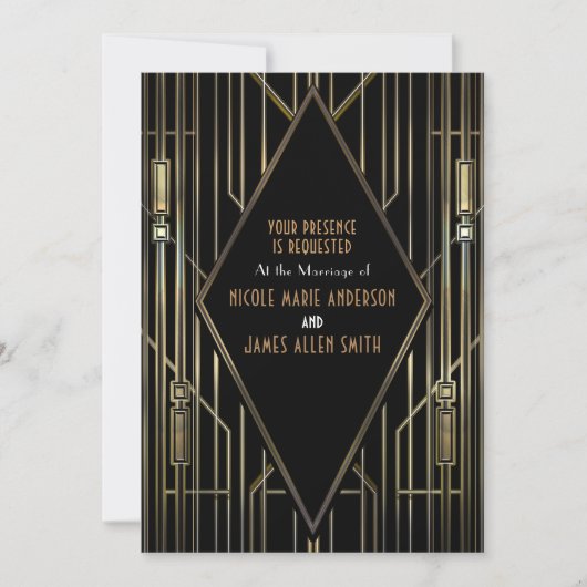 Zwart & Goud 20'er Art Deco Gatsby Glam Bruiloft Kaart (Voorkant)