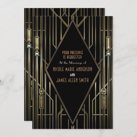 Zwart & Goud 20'er Art Deco Gatsby Glam Trouwen Kaart (Voorkant / Achterkant)