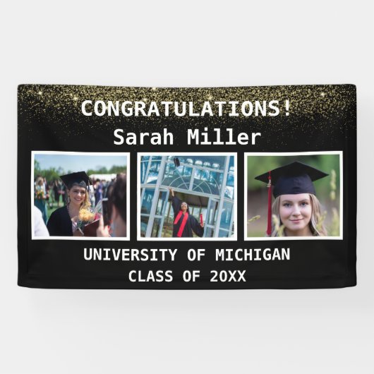 Zwart & Goud 3 Foto Afstuderen Klasse van 2025 Spandoek (Horizontaal)