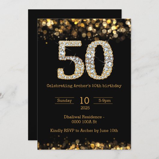 Zwart goud 50e verjaardag uitnodiging (Voorkant / Achterkant)