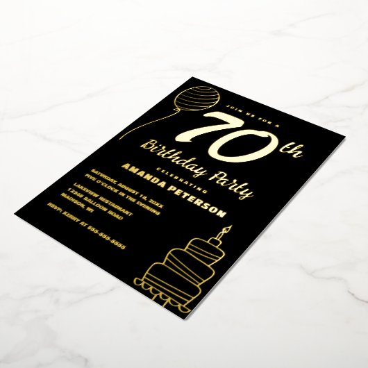 Zwart Goud 70ste Verjaardagsfeest Echt Goud Folie Uitnodiging (Gedraaid)