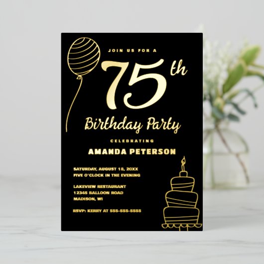 Zwart Goud 75e Verjaardagsfeest Echt Goud Folie Uitnodiging (Staand Voorkant)