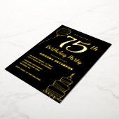 Zwart Goud 75e Verjaardagsfeest Echt Goud Folie Uitnodiging (Gedraaid)