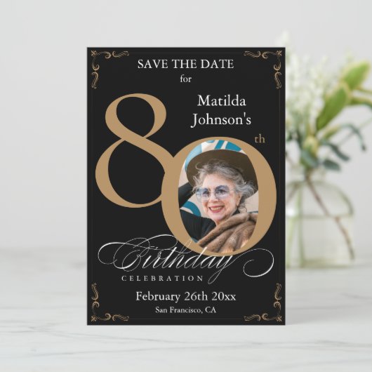 Zwart goud 80e verjaardag Opslaan Datum Aangepast Kaart (Staand voorkant)