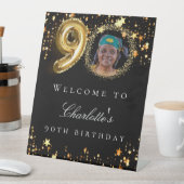 Zwart goud 90ste foto verjaardagsfeestje welkom reclamebord met voetstuk (Insitu)