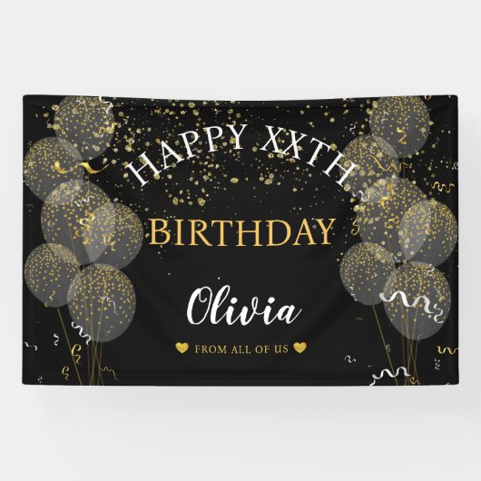 Zwart & Goud Aangepaste Feest Verjaardag Persoonli Spandoek (Horizontaal)