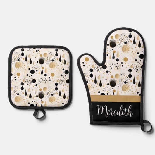 Zwart Goud Abstract Custom Name Gift Ovenwant & Pannenlap Set (Voorkant)