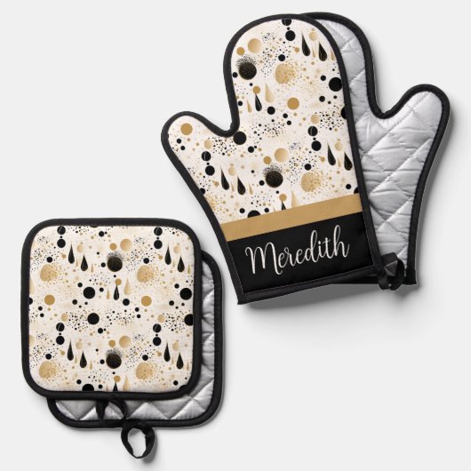 Zwart Goud Abstract Custom Name Gift Ovenwant & Pannenlap Set (Voorkant / Achterkant)