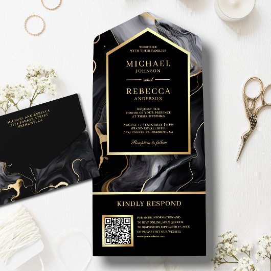 Zwart Goud Abstract Vloeibare Inkt QR Code Bruilof All In One Uitnodiging