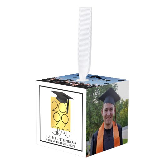 Zwart & Goud AFSTUDEERDER 5-Foto Keepsake Kubus Ornament (Voorkant hoekig)