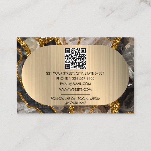 Zwart & Goud Agaat Geode Glitter Marmer QR Code Visitekaartje (Achterkant)