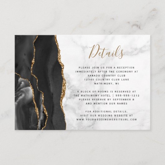 Zwart Goud Agaat Grijs Marmer Bruiloft Details Informatiekaartje (Voorkant)