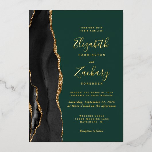 Zwart Goud Agaat Smaragd Groen Bruiloft Folie Uitnodiging (Voorkant)