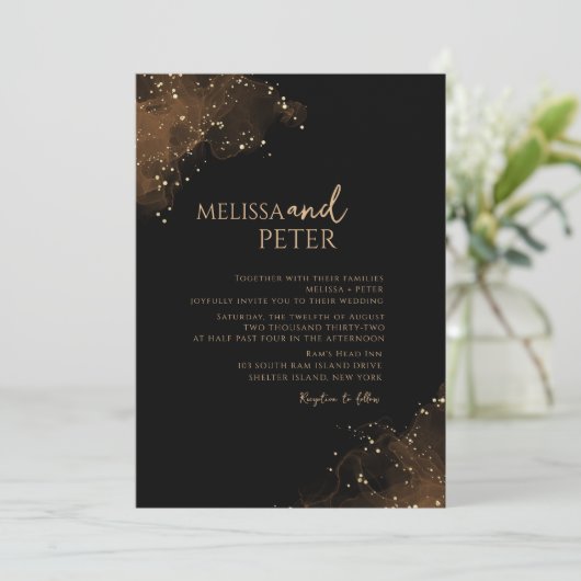 Zwart Goud Alcohol Inkt Bruiloft Uitnodiging (Staand voorkant)