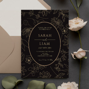 Zwart & Goud Anemone Line Art Wildflower Bruiloft Kaart