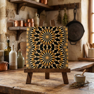 Zwart Goud Arabesk Geometrisch Mandala Patroon Tegeltje