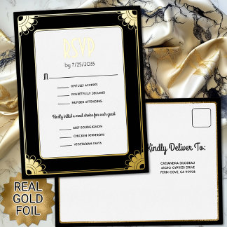 Zwart Goud Art Deco Bloemen Huwelijk RSVP Reageer Folie Uitnodiging Briefkaart