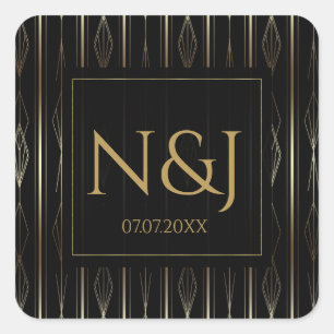 Zwart & Goud Art Deco Bruidsdouche Vierkante Sticker